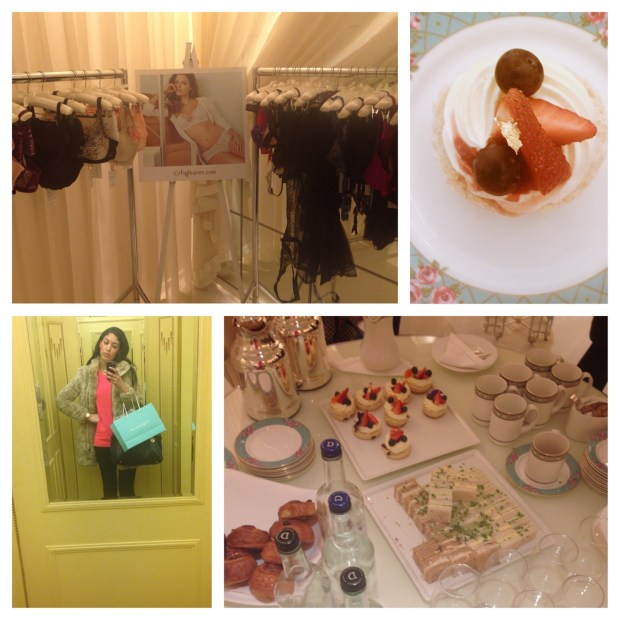 L-R: Lingerie from figleaves SS15 collection, world's most delicious scone ft. gold leaf, me posing in the lift, the full afternoon tea spread. 